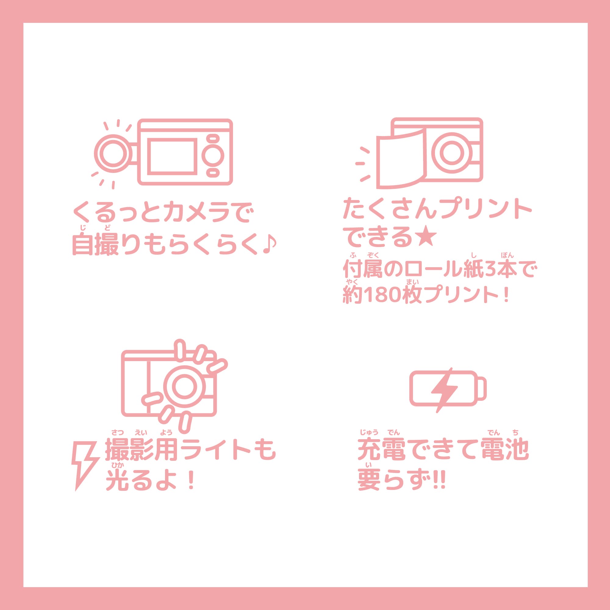 くるっとカメラで自撮りもらくらく♪　たくさんプリントできる★付属のロール紙3本で約180枚プリント！　撮影用ライトも光るよ！　充電できて電池要らず！